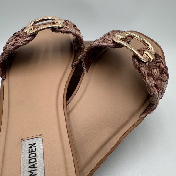 Steve Madden Women's Tan and Brown Sandals raffia fabric woven gold tone large b - Picture 8 of 13